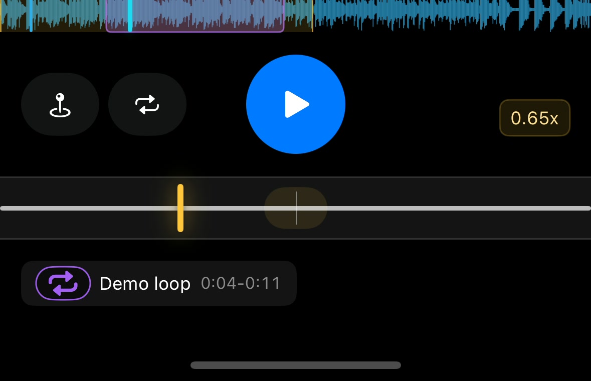 Zoomed bottom controls: the right label shows the rate, the bottom bar is the speed slider, and the yellow line is the current speed.